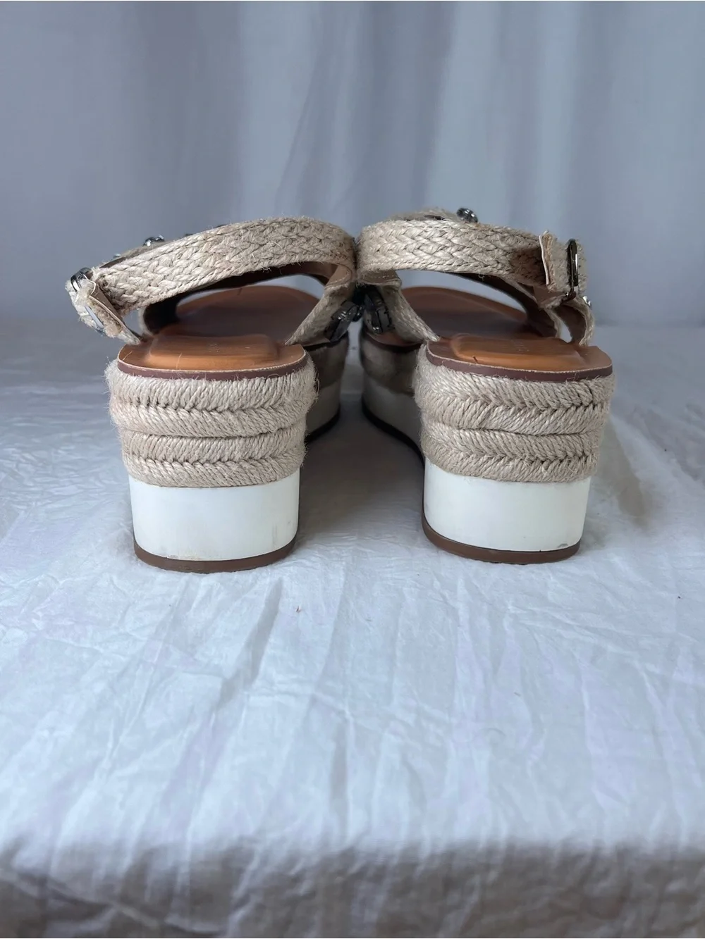 Copper Key Woven Strap Natural Beige Jeweled Platform Espadrille Sandals sz9.5